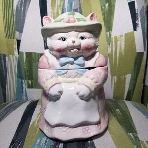 Vtg Mama Cat Granny Cat In Pink Dress Ceramic Cookie Jar Figurine Cottage Core